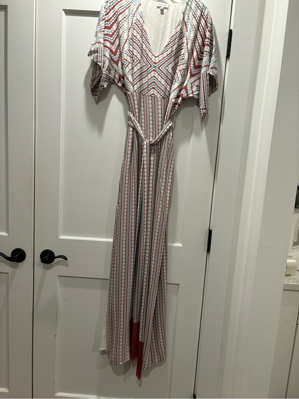 Paolita Kito Maxi Dress Kimono Flutter Sleeves GeoPrint Tassel Tie Resortwear S - Picture 8 of 16